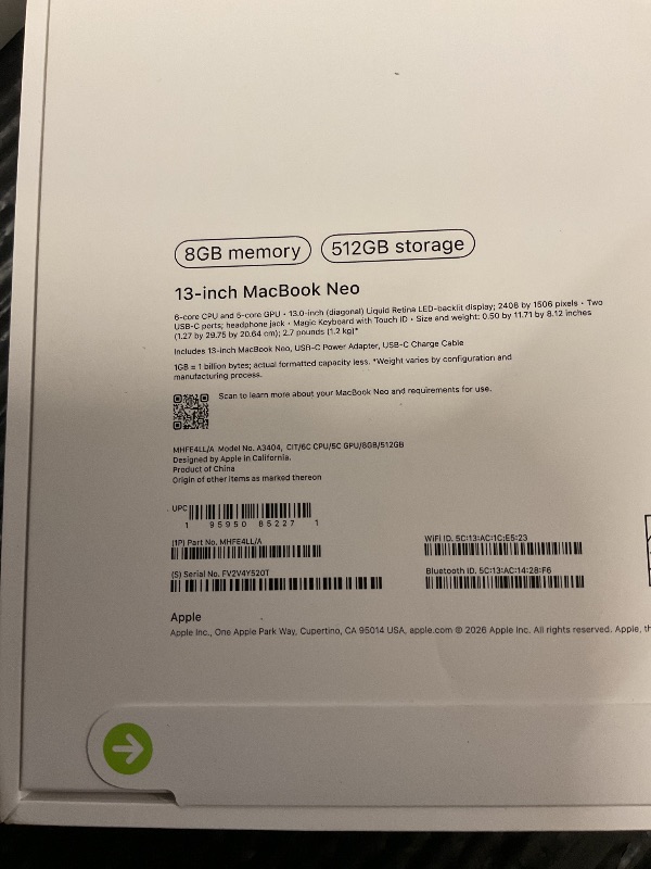 Photo 1 of FACTORY SEALED—- Apple 2026 MacBook Neo 13-inch Laptop with A18 Pro chip: Built for AI and Apple Intelligence, Liquid Retina Display, 8GB Unified Memory, 512GB SSD Storage, 1080p FaceTime HD Camera, Touch ID; Citrus