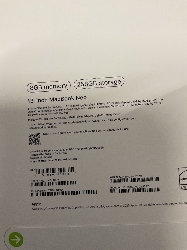 Photo 1 of FACTORY SEALED—- Apple 2026 MacBook Neo 13-inch Laptop with A18 Pro chip: Built for AI and Apple Intelligence, Liquid Retina Display, 8GB Unified Memory, 256GB SSD Storage, 1080p FaceTime HD Camera; Blush