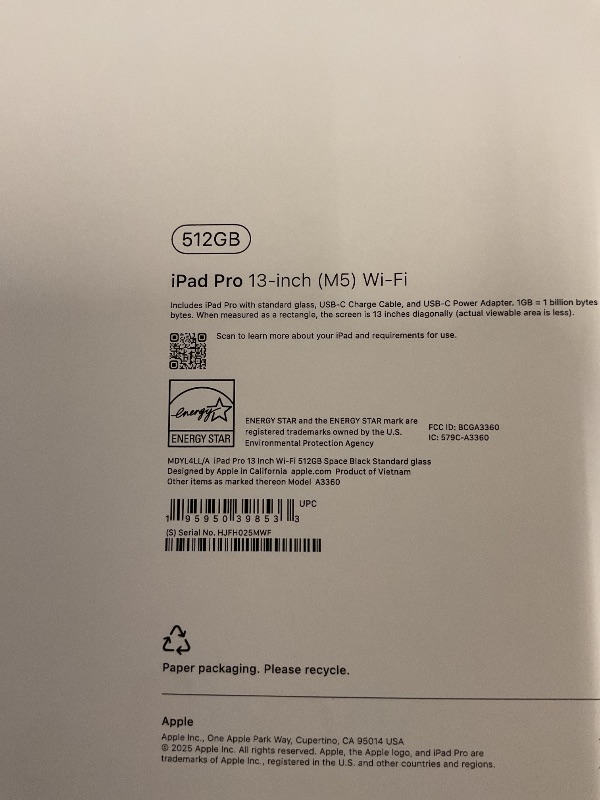 Photo 1 of FACTORY SEALED—- Apple iPad Pro 13-inch (M5): Ultra Retina XDR Display, 512GB, Landscape 12MP Front Camera/12MP Back Camera, LiDAR Scanner, Wi-Fi 7 with Apple N1, Face ID, All-Day Battery Life — Space Black