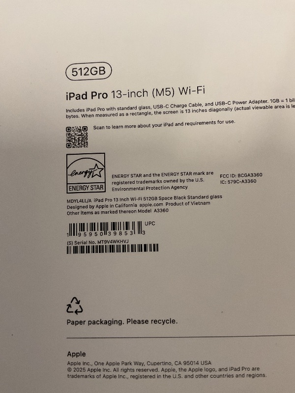 Photo 1 of FACTORY SEALED—- Apple iPad Pro 13-inch (M5): Ultra Retina XDR Display, 512GB, Landscape 12MP Front Camera/12MP Back Camera, LiDAR Scanner, Wi-Fi 7 with Apple N1, Face ID, All-Day Battery Life — Space Black