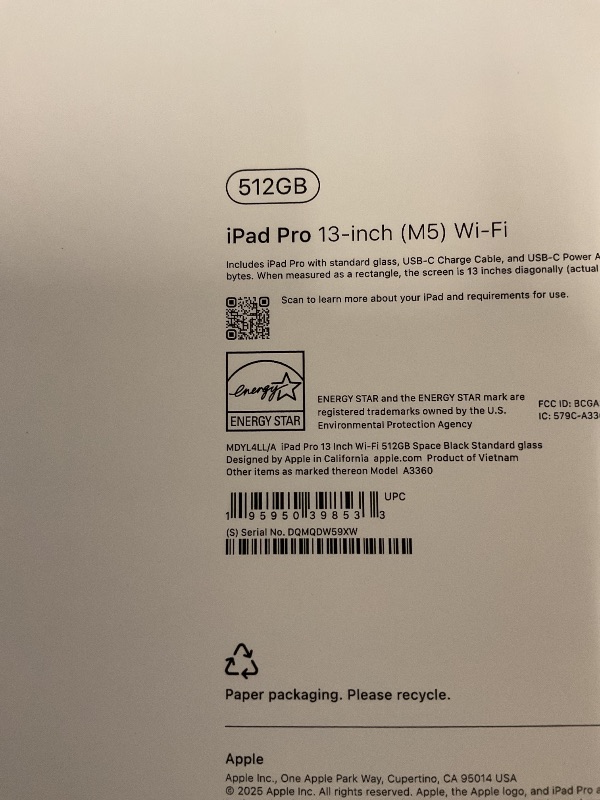 Photo 1 of FACTORY SEALED—- Apple iPad Pro 13-inch (M5): Ultra Retina XDR Display, 512GB, Landscape 12MP Front Camera/12MP Back Camera, LiDAR Scanner, Wi-Fi 7 with Apple N1, Face ID, All-Day Battery Life — Space Black