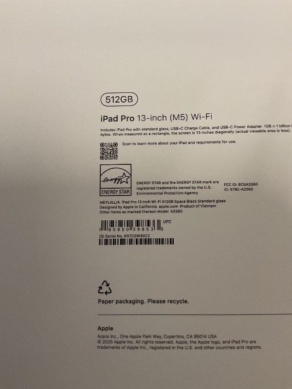 Photo 1 of FACTORY SEALED—- Apple iPad Pro 13-inch (M5): Ultra Retina XDR Display, 512GB, Landscape 12MP Front Camera/12MP Back Camera, LiDAR Scanner, Wi-Fi 7 with Apple N1, Face ID, All-Day Battery Life — Space Black