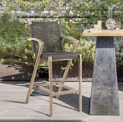Photo 1 of Brielle Armed UV Protected Outdoor Light Eucalyptus Wood and Charcoal Rope Bar Height Stool with Footrest