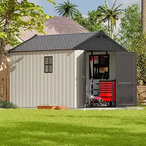 Photo 1 of Patiowell 8x10 FT Resin Outdoor Storage Shed with Floor, Beige | Plastic Garden Tool Shed with Lockable Door & Two Windows, For Patio, Backyard, Bike & Organizer