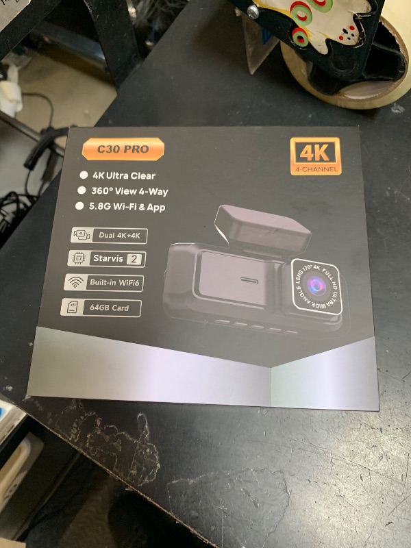 Photo 1 of 4 Channel 4K Dash Cam - 360° Panoramic Front Rear Inside Camera, STARVIS 2 Night Vision, 5.8GHz WiFi, 170° Wide Lens, 24hr Parking Monitor, G?Sensor, Included 64GB SD Card for Private Drivers
