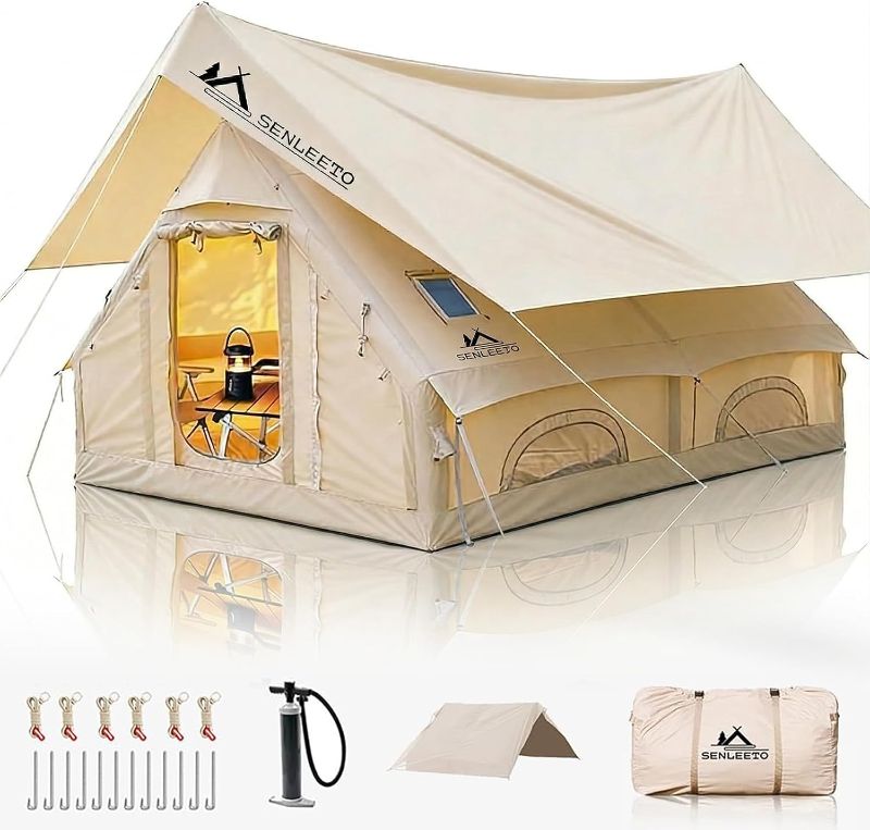 Photo 1 of 13' x 10' Large Inflatable Tent for Camping 8-10 Person, 4 Season Blow Up Tents with Rainfly, Waterproof & Sunproof, Inflatable Hot Tent with Stove Jack for Camping Outdoors