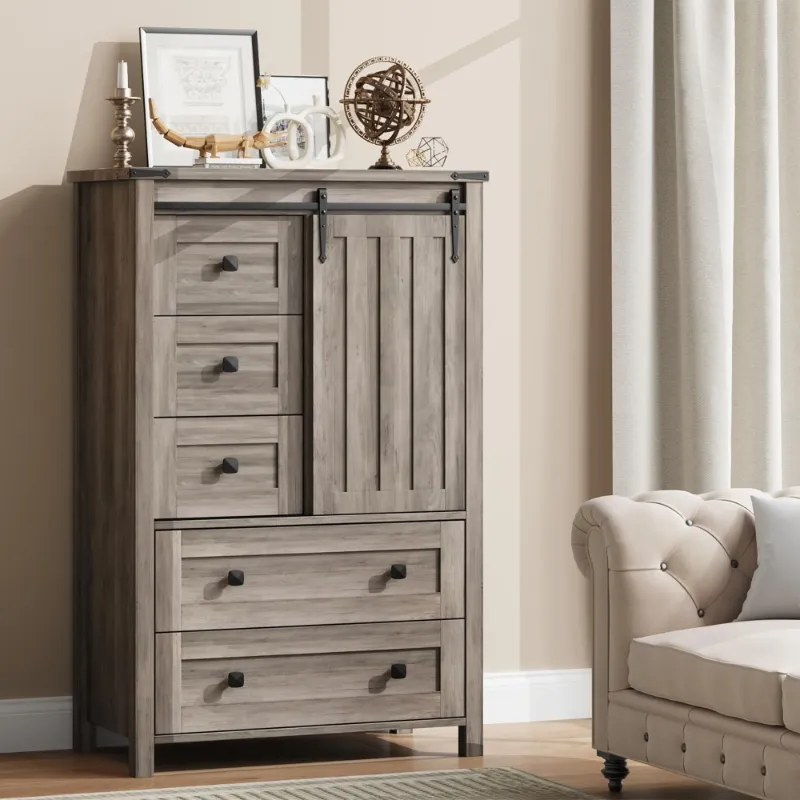 Photo 1 of Garvee Dresser for Bedroom with 5 Drawers, 48" Tall Chest of Drawers, Wooden Closet Dresser with Storage Cabinet, Grey Farmhouse Dresser Organizer with Handles for Living Room, Hallway, Entryway - Gray