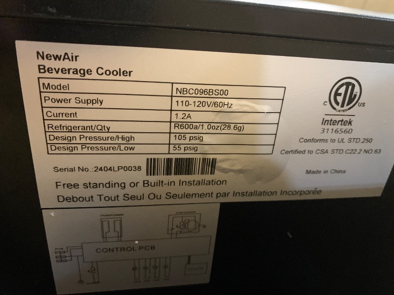Photo 1 of ***PARTS ONLY*** NewAir 96 Can Built-In Beverage Refrigerator | 15” Small Mini Fridge for Bedroom, Home Bar or Office | Quiet Cooling & Precise Temperature Control | Black Stainless Steel