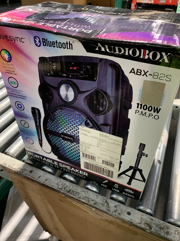 Photo 1 of ***NO MIC OR CABLE*** Audiobox ABX-82S Portable Bluetooth Party Speaker with Stand - 8" Woofer 1100W WaveSync™ Technology, LED Lights, USB/TF Card/FM, Loud Bluetooth Speaker PA System w/Wired Microphone & USB Cable, Black