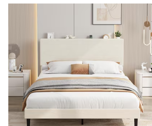 Photo 1 of **Missing pieces, broken parts, incomplete***Garvee Full Size Beige Corduroy Upholstered Platform Bed Frame With USB Charging Station Adjustable Storage Headboard Wooden Slats Support No Box Spring Needed Easy Assembly