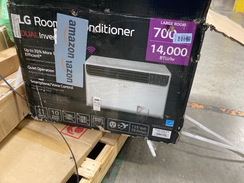 Photo 1 of ***DAMAGED -SELLING AS PARTS ONLY*** LG 14,000 BTU DUAL Inverter Smart Window Air Conditioner, 115V, Cools 800 Sq. Ft. for Bedroom, Living Room, Apartment, Quiet Operation, ENERGY STAR®, works with LG ThinQ, Amazon Alexa and Hey Google