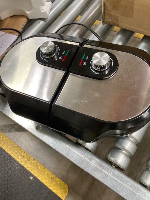 Photo 1 of ***USED*** Double Waffle Maker, Belgian Waffle Maker, 6.5 Inch Waffle Iron with 2 Independent Adjustable Temp Knobs & Indicator Lights, Nonstick Plates, Stainless Steel, Black