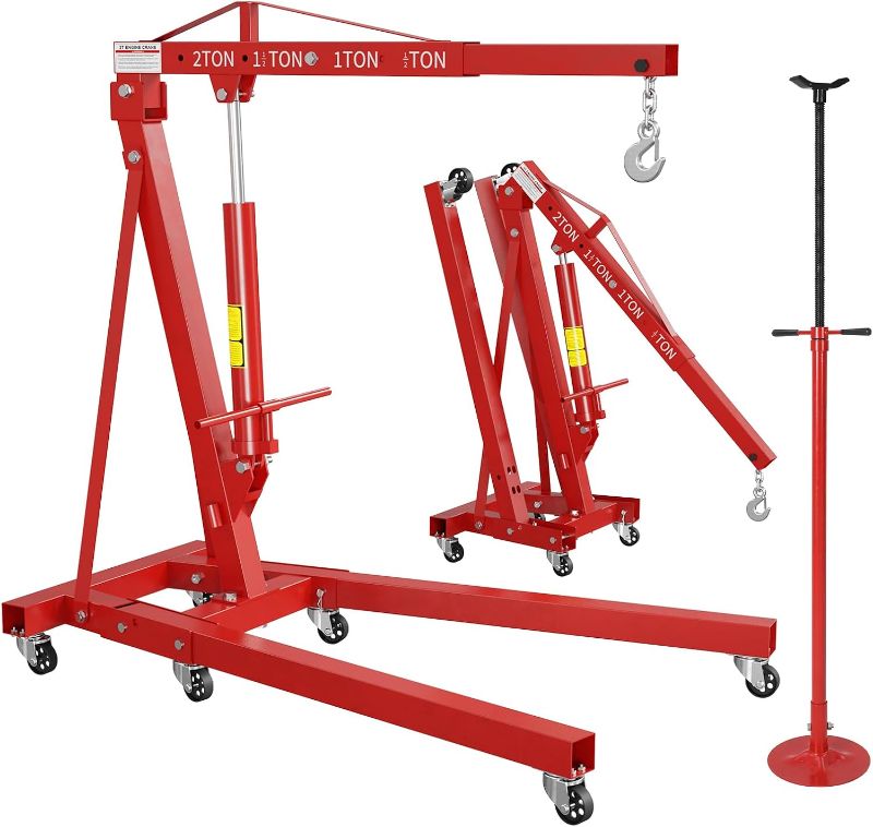 View 1 of **PARTIAL SET/ONE BOX ONLY***Garvee 2 Ton Folding Engine Hoist and 3/4 Ton Underhoist Support Stand Combo, Heavy Duty Steel Hydraulic Shop Crane Cherry Picker with 4-Position Boom & High-Reach Automotive Support Stand, Red