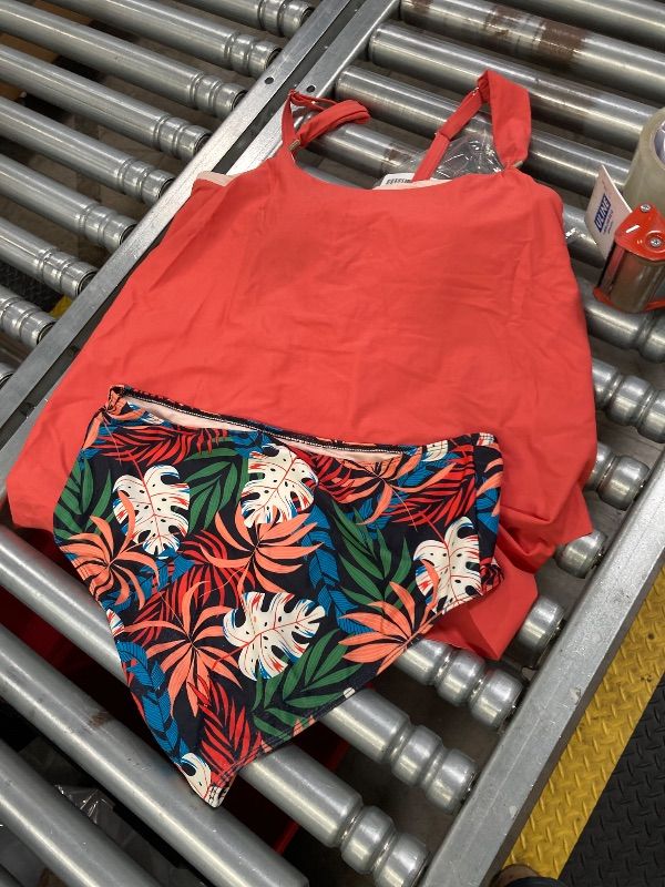 Photo 1 of ***THERE IS SOME WEAR AND PULLS IN TOP***SUUKSESS Women Ruffle High Waisted Tankini Swimsuits Slimming Tummy Control Bathing Suits 2 Piece (Coral Pink Leaf, XL)***THERE IS SOME WEAR AND PULLS IN TOP***
