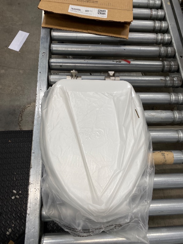 View 3 of ***Missing hardware***Mayfair Bennett Toilet Seat with Brushed Nickel Hinges, Slow Close Wood Seat, Secure Metal Hinges, Easy Install, Elongated, White***Missing hardware***