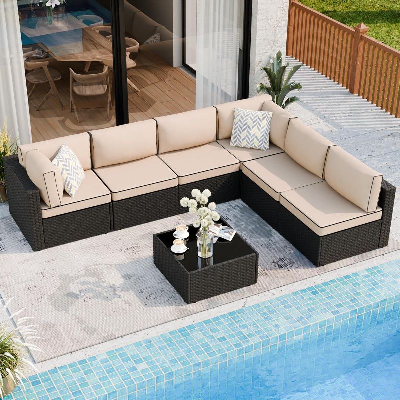 Photo 1 of ***PARTS ONLY***7 Piece Outdoor Patio Furniture Set,Black PE Rattan Wicker Sectional Sofa, All Weather Conversation Set with Washable Cushions & Glass Coffee Table for Backyard Poolside Garden Porch,Khaki