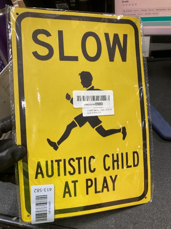 Photo 1 of *Bent* CCPARTON Metal Sign - Slow Autistic Child at Play Warning Sign - Aluminum - Indoor/Outdoor - 8x12 Inches