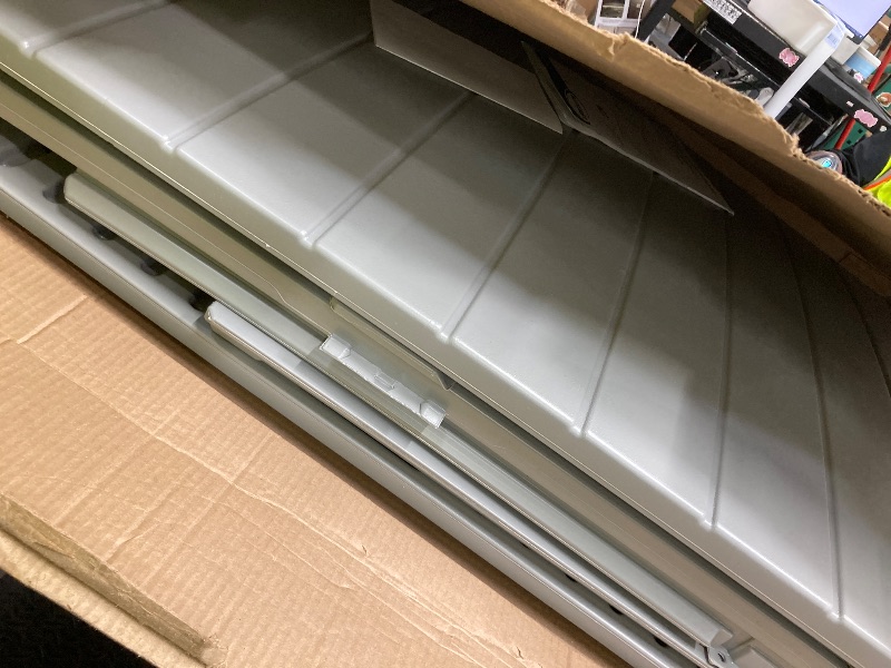 Photo 1 of *Box damaged* Suncast 134-Gal. Resin Extra-Large Outdoor Patio Deck Box with Pad-Lockable Lid, Modern Outdoor Patio Bench/Storage Box for Cushions, Garden Tools, and More, Dove Gray