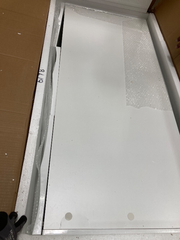Photo 1 of *Cracked* Woodbridge 48"x22" Wall Mounted Vanity with Double Ceramic Undermount Sinks,White Engineered Stone Top,Floating Design with 3D Wave Pattern Doors and Glossy White Finish — Modern, Space-Saving Design