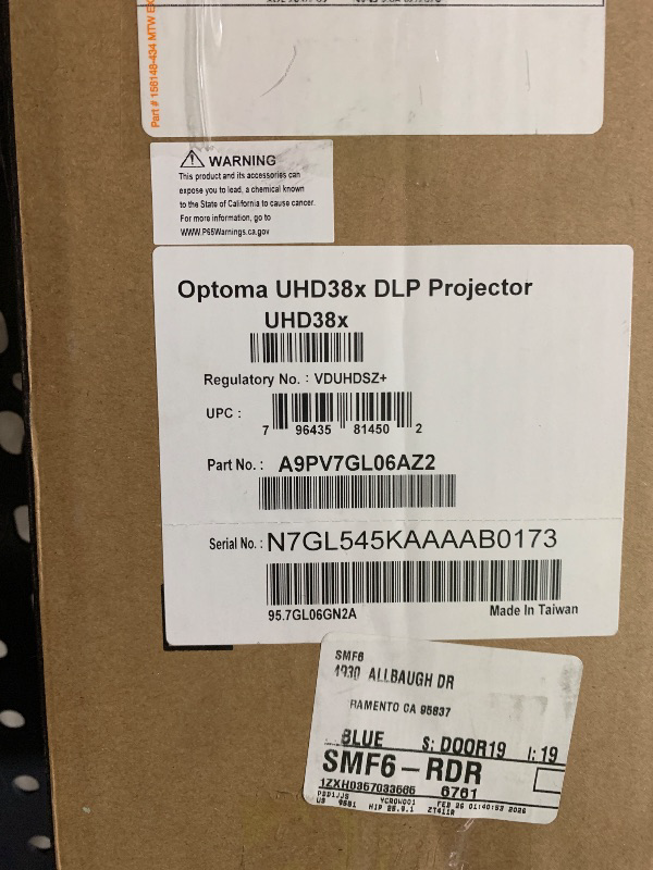 Photo 1 of Optoma UHD38x True 4K UHD Gaming Projector, Lamp, Standard Throw