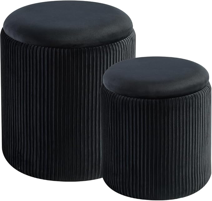Photo 1 of BLEXA Round Set of 2 Ottoman with Storage-Upholstered Velvet Vanity Stool for Makeup Multifunctional Ottomans Coffee Table Padded Seat Foot Rest for Living Room&Bedroom (BLACK)