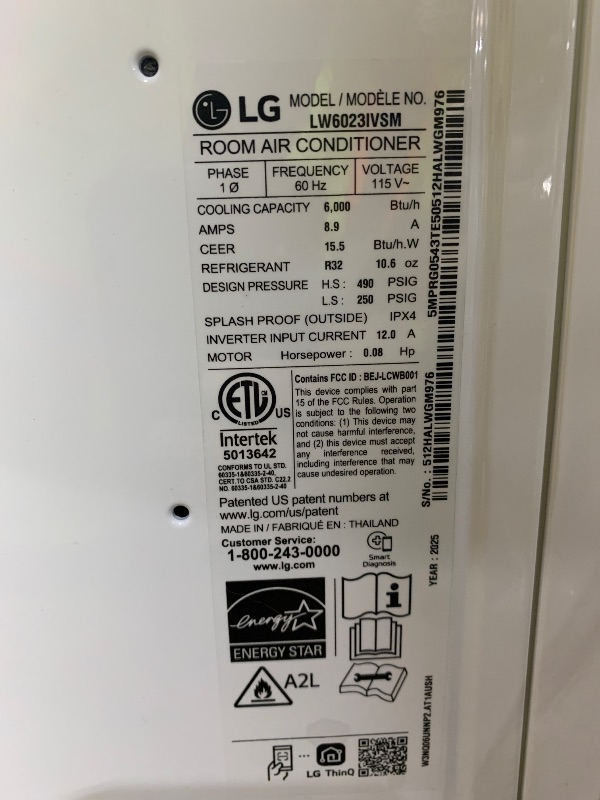 Photo 1 of LG 6000 BTU Window Air Conditioner Energy Saving Dual Inverter, Remote Control, WiFi, LG ThinQ, Alexa, Hey Google Enabled Washable Filer Ultra-Quiet Cools Small Room up to 250 Sq.Ft White LW6023IVSM