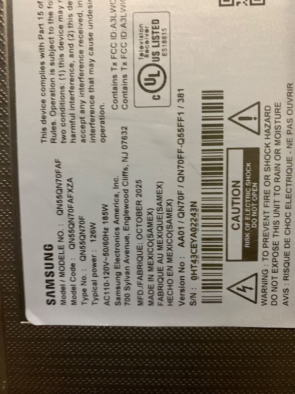 Photo 1 of Samsung 55-Inch Class Neo QLED QN70F 4K Mini LED Smart TV (2025 Model) NQ4 AI Gen2 Processor, Quantum Matrix Technology Slim, Motion Xcelerator 144Hz, Samsung Vision AI, Alexa Built-in (parts only)