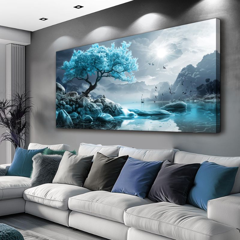 Photo 1 of KELIYUAN Large Canvas Wall Decor Bedroom Blue Tree Landscape Wall Paintings Wall Art For Living Room Black And White Pictures Office Mural Framed Prints Artwork Modern Home Decor Aesthetics 32"X72"