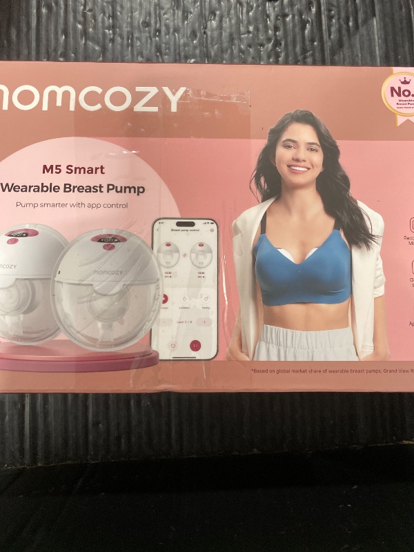 Photo 1 of Momcozy M5 Smart APP Controlled Wearable Breast Pump, Hands-Free Wireless Electric Pump, 3 Modes 9 Suction Levels, BPA-Free, Portable Lightweight, 24mm Flange, 2-Pack Quill Gray