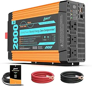 Photo 1 of Ampeak Pure Sine Wave Inverter [2000 Watt] - 6000W Surge, 12v DC to 110V AC Converter Power Inverter for RV, Truck, Home, Solar, Outdoor with Dual AC & 20A Outlets, Hardwire Port, 5V 3.1A USB & Remote
