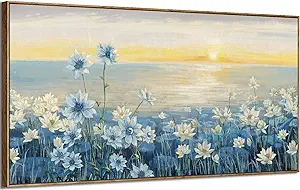 Photo 1 of amatop Large Framed Wall Art for Living Room Bedroom Office Decor, Modern Beach Canvas Wall Art Coastal Ocean Nature Blue Artwork Floral Sunrise/Sunset Zen Landscape Flower Wall Picture 48"x24"
