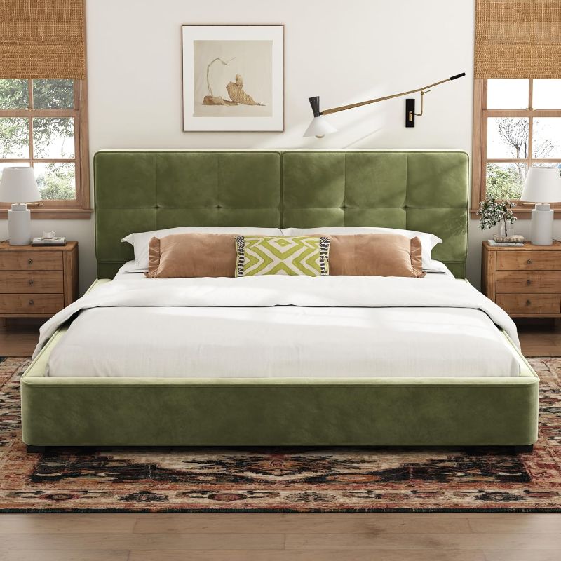 Photo 1 of PARTIAL SET BOX 2 OF 2 ******** King Size Bed, Velvet Upholstered Platform Bed, Wooden Slats Panel Support, Tufted Square Corners Haedboard, No Box Spring Needed, Easy Assembly, Oliver Green
