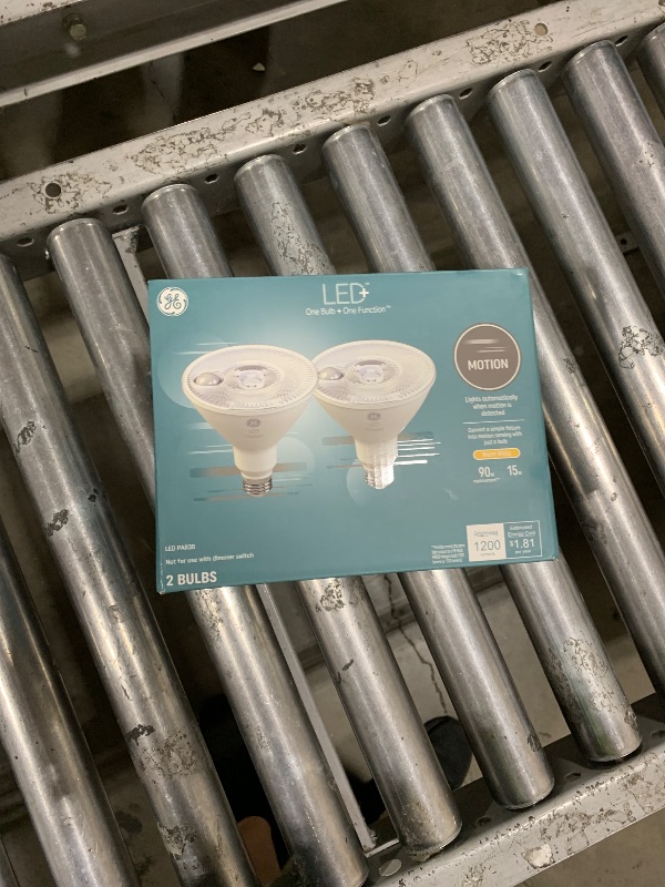 Photo 1 of GE LED+ Motion Sensor LED Light Bulbs, 15W, PAR38 Outdoor Security Floodlight, Warm White (2 Pack)