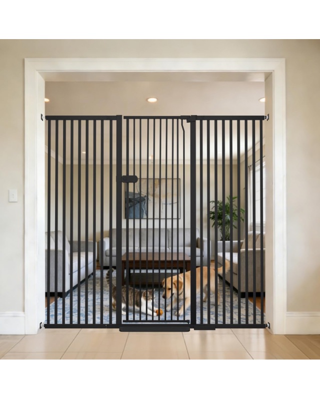 Photo 1 of Lumizone Extra Tall Cat Gate 61.02" High Pressure Mounted 63.39"-67.71" Extra Wide 1.37" Gap No Drilling Auto-Close One-Handed Operation Tall Pet Gate for Dogs(Black, 61.02" H x 63.39"-67.71" W)