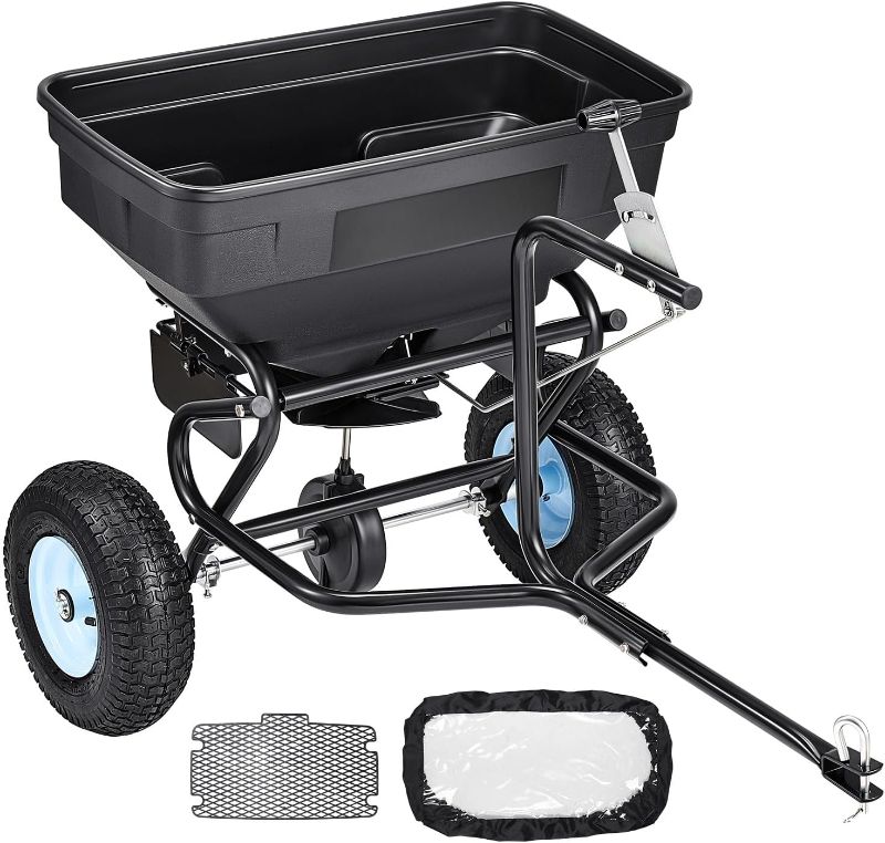 Photo 1 of VEVOR Tow Behind Broadcast Spreader, 130LBS Capacity, Tow/Push Garden Spreader with 13 in Tires, 30 Adjustable Setting & 9.8 ft Spreading Width, Lawn...