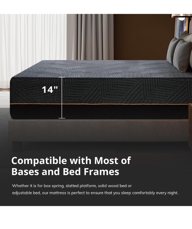 Photo 1 of 14 Inch Queen Memory Foam Mattress for Back Pain, Cooling Copper Gel Bed in a Box, Foam Made in USA, CertiPUR-US Certified, Therapeutic Medium Firm, 60x80x14 Black