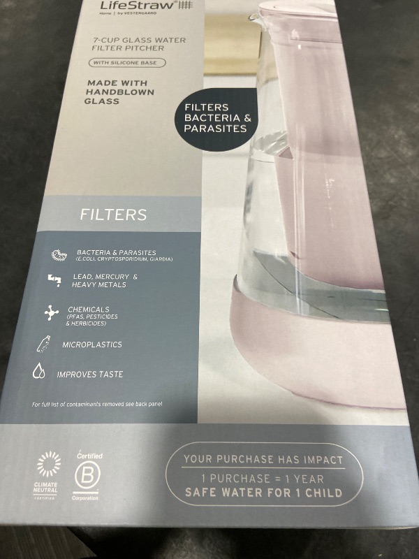 Photo 1 of LifeStraw Home — Water Filter Pitcher, 7-Cup, Pink Bubble, Glass with Silicone Base, BPA Free Designed for Everyday Protection Against Bacteria, Parasites, Microplastics, Lead, Mercury