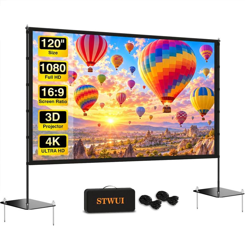 Photo 1 of Outdoor Projector Screen with Stand featuring a Stake-Down Base-120 Inch 16:9 4K HD Portable Projector Screen Indoor Outdoor Movie Screen Lightweight Projection Screen with Carry Bag for Home,Backyard