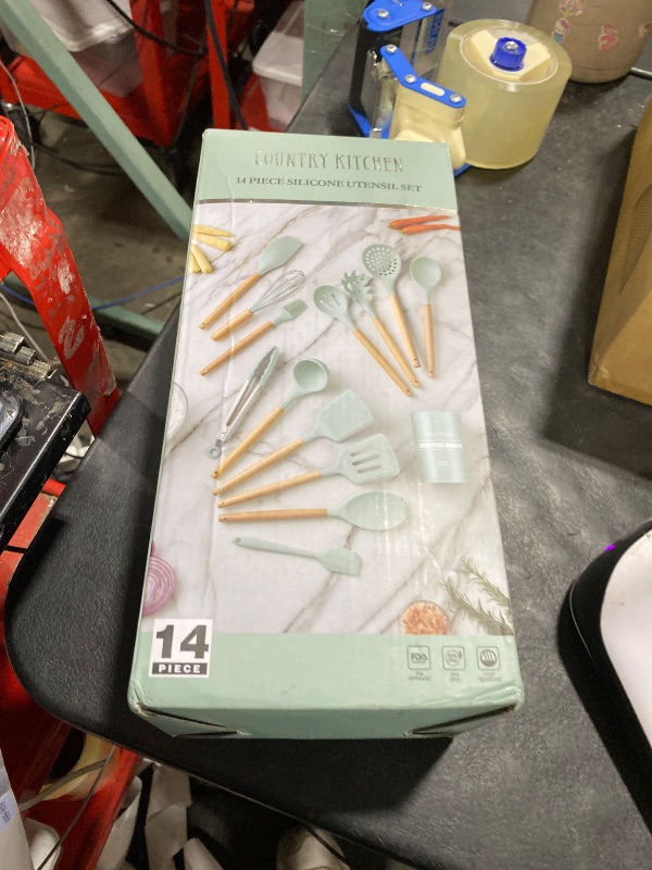 View 2 of Country Kitchen Silicone Utensil Set with Wood Handles, 14-Piece, Mint