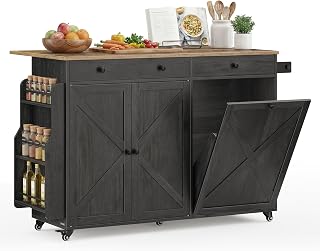 Photo 1 of VASAGLE Mobile Kitchen Island with Trash Can Storage, Drop Leaf, Portable Island with Spice Rack, Mobile Cart with Storage Cabinet, for Dining Room, WHITE and Honey Brown UKKI014BJ01S