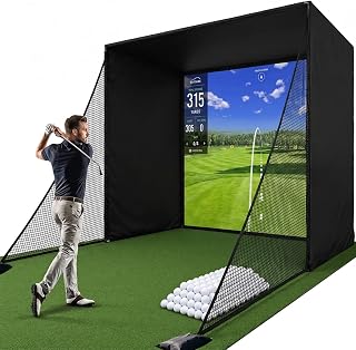Photo 1 of Golf Simulator Enclosure Cage, with HD Impact Projection Screen, Dual Shank Nets & Foam Padding Poles, 8.4x8.4 Steel Frame Golf Net for Garage, Basement, Home Room, Golfers, Beginners & Family Use