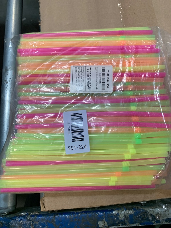 Photo 1 of [500 Pack] Neon Colored Flexible Plastic Drinking Straws Disposable Straw 8'' inches Tall Assorted Colors