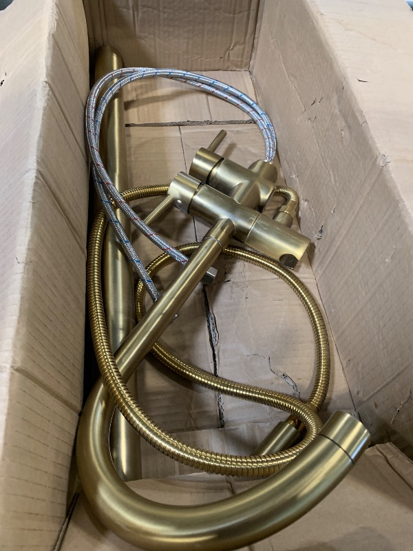Photo 1 of ** UNCLEAN**WOODBRIDGE Contemporary Single Handle Floor Mount Freestanding Tub Filler Faucet with Hand shower in Brushed Gold Finish, F0007BGRD