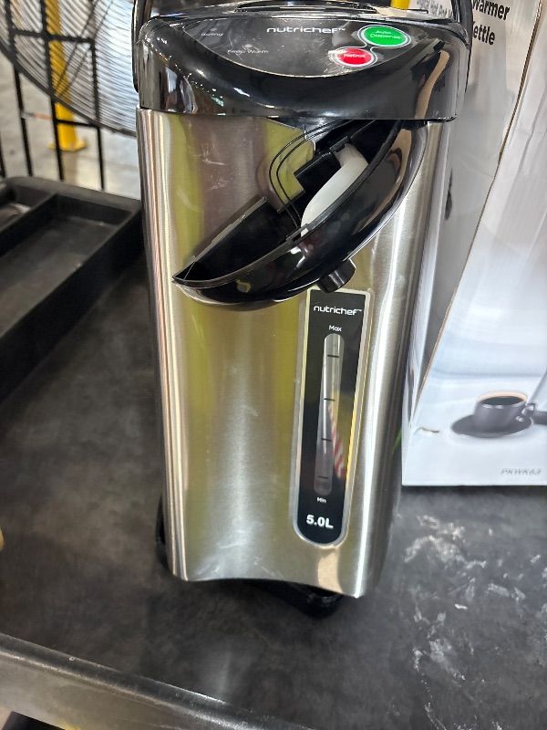 Photo 1 of **DAMAGED**
NutriChef 5.2 Qt Electric Water Kettle, Portable, Quick Heating, 5 Liter Digital Kettle with 5 Temperature Settings, Safety Lock, Stainless Steel, 3 Dispensing Options, 8.46" x 11.2" x 16.5"