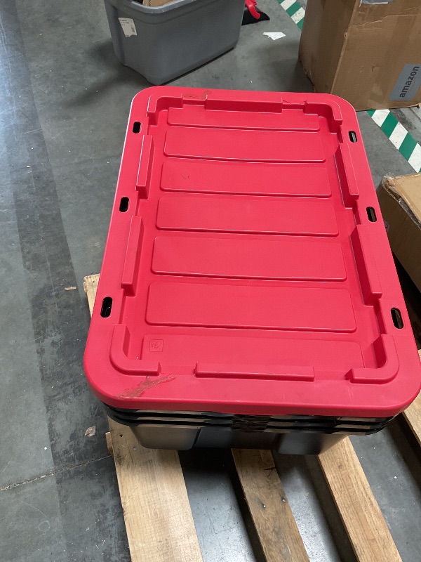 Photo 1 of ***Partial set - 3 Lids Missing***IRIS USA 4-Pack 27 Gallon Storage Bins with Lids |Made in USA| Heavy Duty Plastic Tote Containers for Truckbed Tool Box Organization, Large - Red