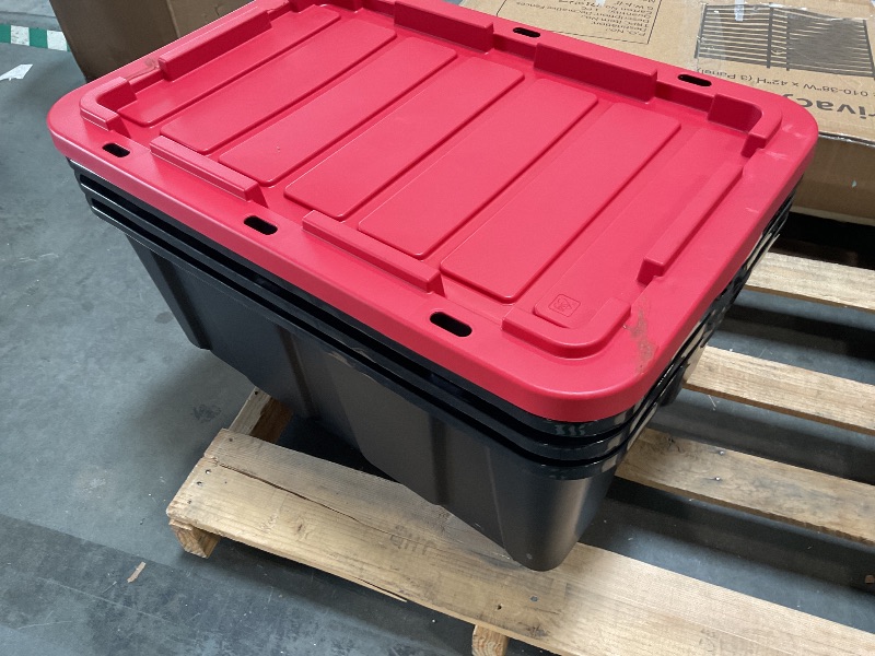 Photo 1 of ***Partial set - 3 Lids Missing***IRIS USA 4-Pack 27 Gallon Storage Bins with Lids |Made in USA| Heavy Duty Plastic Tote Containers for Truckbed Tool Box Organization, Large - Red