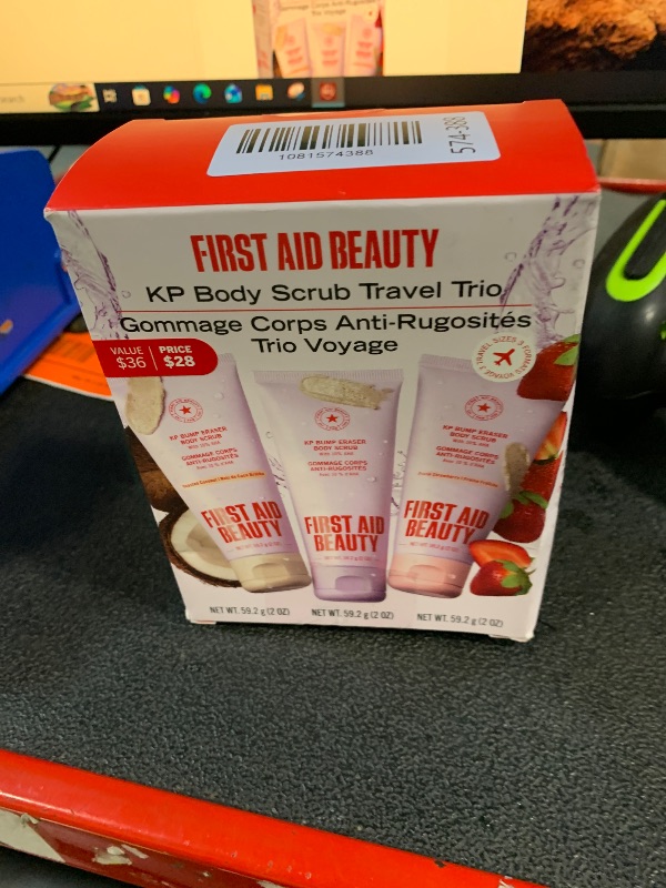 Photo 1 of ** only 2**
First Aid Beauty KP Bump Eraser Body Scrub Trio, 10% AHA Keratosis Pilaris Exfoliator Set – Original, Strawberry & Peach Scents, Travel Size 2 oz Each (3-Piece)