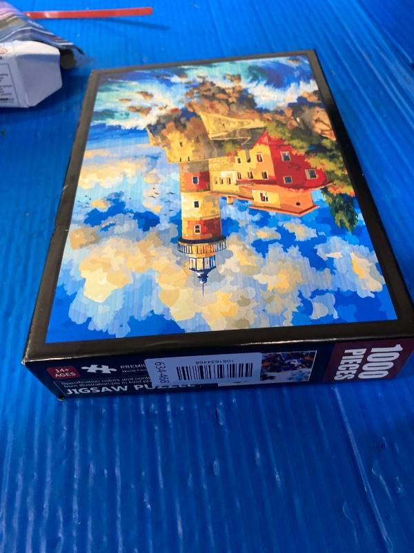 View 2 of 1000 Pieces Jigsaw Puzzle for Adults - Coastal Lighthouse & Seaside Villa Oil Painting Style, 27.5 * 19.7 Inches Challenging Puzzle Game for Home Decor & Relaxation (Day Towel)