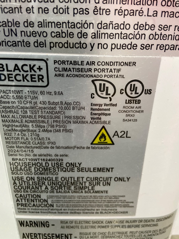 Photo 1 of **SEE PICTURES**BLACK+DECKER Portable Air Conditioner, 10,000 BTU, BPACT10WT, White