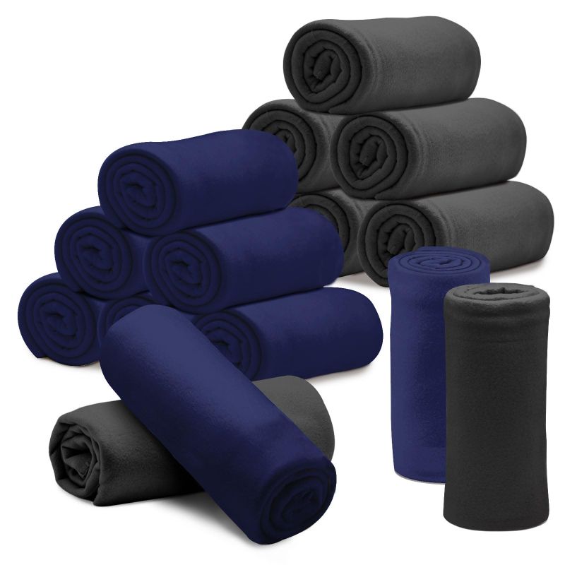 View 1 of 12PCS Fleece Throw Blankets Bulk 60 x 50 in Soft Blankets Fabric Warm Lightweight Wool Blanket Cozy Coverlet for Beds Sofas Home Wedding Season(Black + Blue)